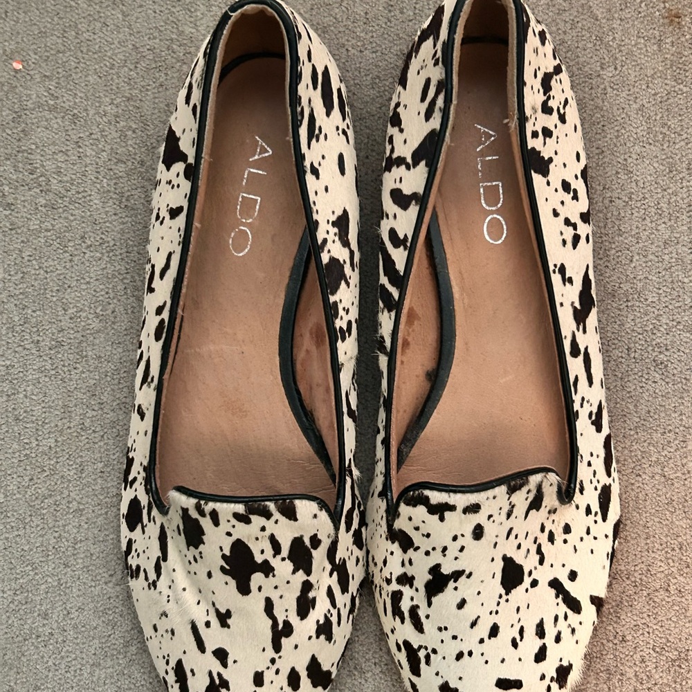 Aldo Women's Chocolate brown and Cream Spotted Loafers with Black  trim